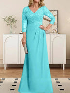 Sheath/Column V-Neck Illusion Floor-Length Lace Chiffon Mother of the Bride Dress With Pleated Sequins by Dreamylily