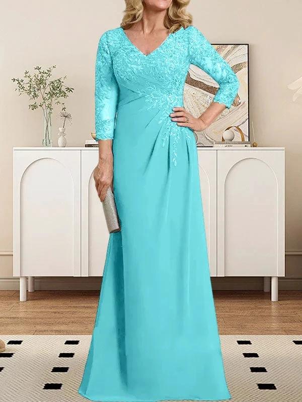 Sheath/Column V-Neck Illusion Floor-Length Lace Chiffon Mother of the Bride Dress With Pleated Sequins by Dreamylily