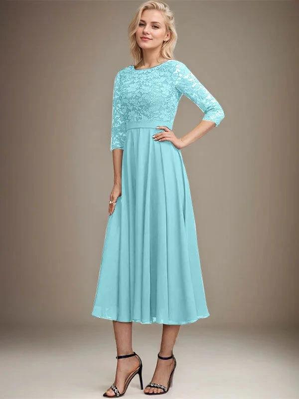 A-line Scoop Tea-Length Lace Chiffon Mother of the Bride Dress With Sequins by Dreamylily