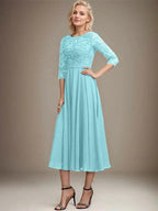 A-line Scoop Tea-Length Lace Chiffon Mother of the Bride Dress With Sequins by Dreamylily
