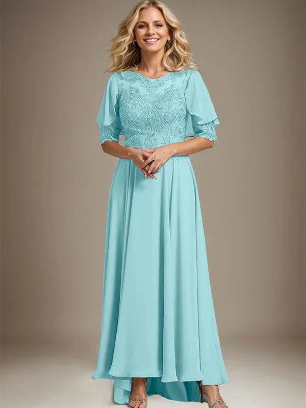A-line Scoop Illusion Asymmetrical Chiffon Lace Mother of the Bride Dress With Beading by Dreamylily