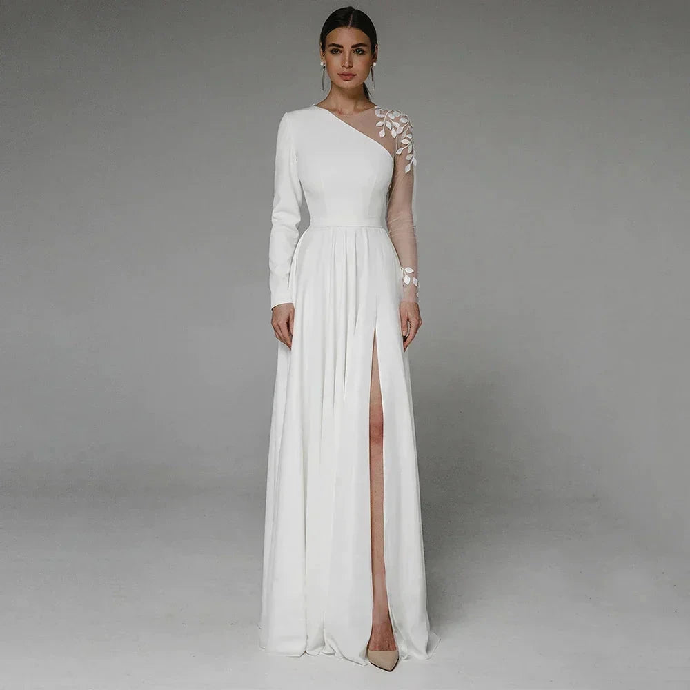 Asymmetrical Side Slit Wedding Dress Long Sleeve Civil Bridal Gown Party For Bride Button Applique Floor Length Свадебное платье by payinti