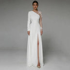 Asymmetrical Side Slit Wedding Dress Long Sleeve Civil Bridal Gown Party For Bride Button Applique Floor Length Свадебное платье by payinti