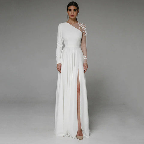 Asymmetrische Seite Schlitzte Hochzeit Kleid Langarm Zivil Brautkleid Party Für Braut Taste Applique Bodenlangen Свадебное платье 