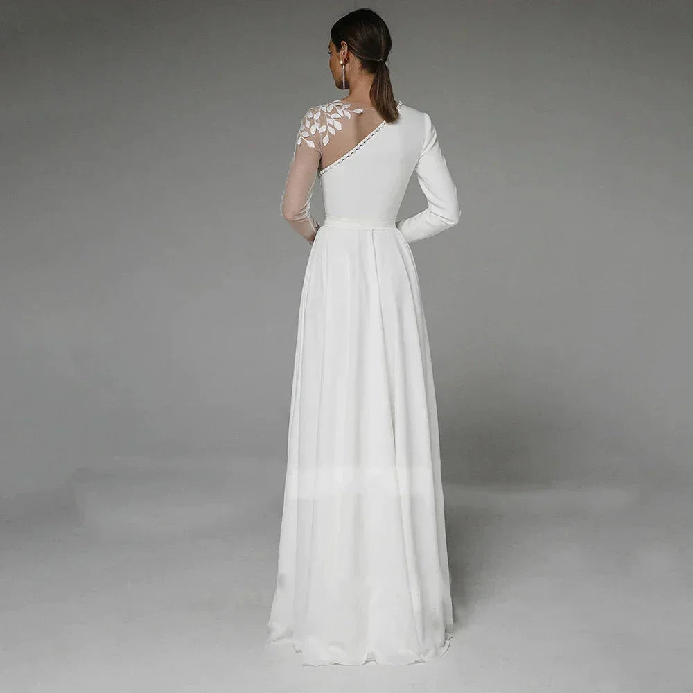 Asymmetrical Side Slit Wedding Dress Long Sleeve Civil Bridal Gown Party For Bride Button Applique Floor Length Свадебное платье by payinti