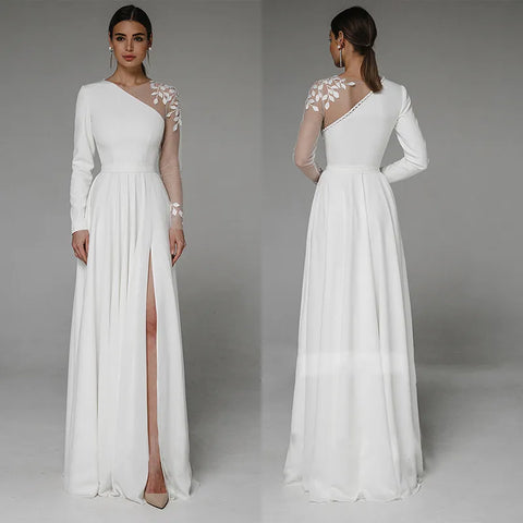 Asymmetrische Seite Schlitzte Hochzeit Kleid Langarm Zivil Brautkleid Party Für Braut Taste Applique Bodenlangen Свадебное платье 
