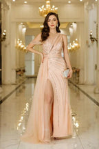 Asymmetrical Tulle Beadings Prom Dress with Side Slit Sleeveless Floor Length Special Occasion Dress by misshow.com
