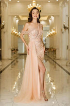 Asymmetrical Tulle Beadings Prom Dress with Side Slit Sleeveless Floor Length Special Occasion Dress by misshow.com