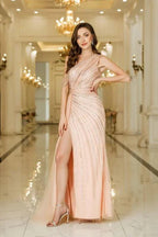 Asymmetrical Tulle Beadings Prom Dress with Side Slit Sleeveless Floor Length Special Occasion Dress by misshow.com