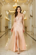 Asymmetrical Tulle Beadings Prom Dress with Side Slit Sleeveless Floor Length Special Occasion Dress by misshow.com