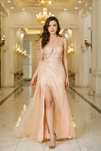 Asymmetrical Tulle Beadings Prom Dress with Side Slit Sleeveless Floor Length Special Occasion Dress by misshow.com