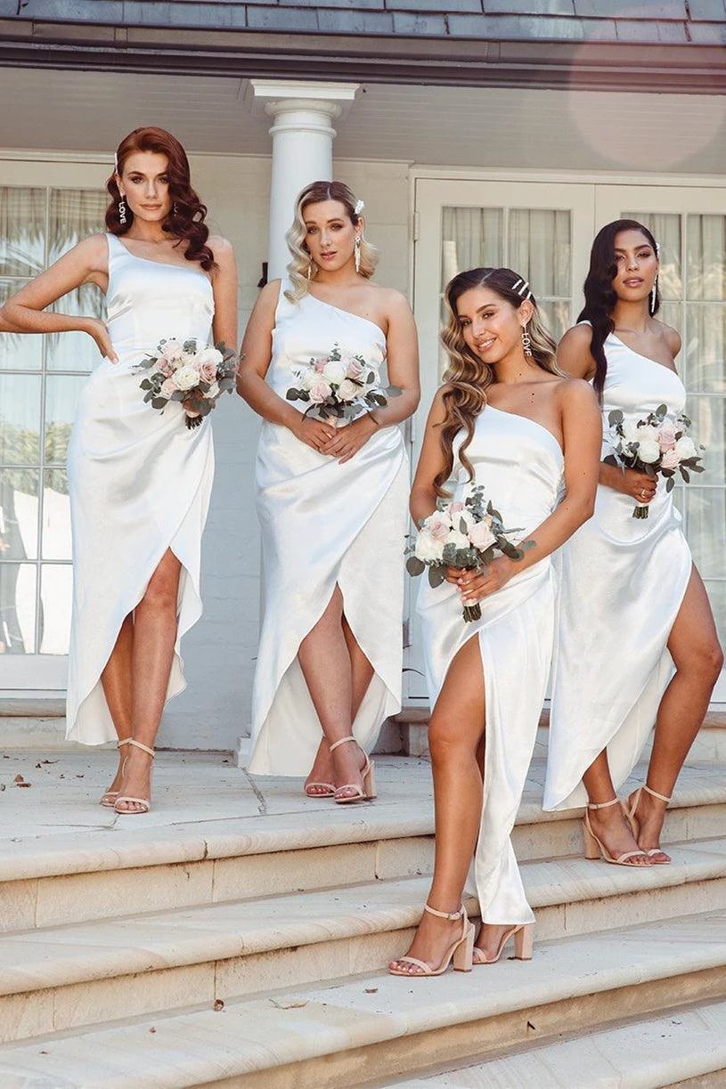 Asymmetrical One Shoulder Satin White Bridesmaid Dress BD097 by pgmdress