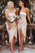 Asymmetrical One Shoulder Satin White Bridesmaid Dress BD097 by pgmdress