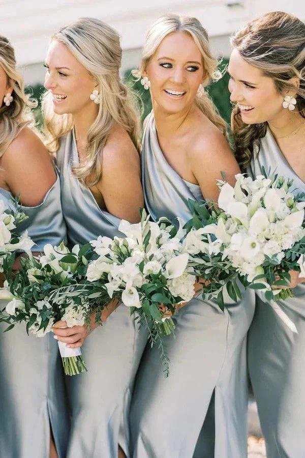Asymmetrical Ruffle One Shoulder Bridesmaid Dresses with Slit BD141 by pgmdress