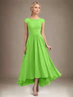 A-line Scoop Illusion Asymmetrical Lace Chiffon Mother of the Bride Dress With Pleated by Dreamylily