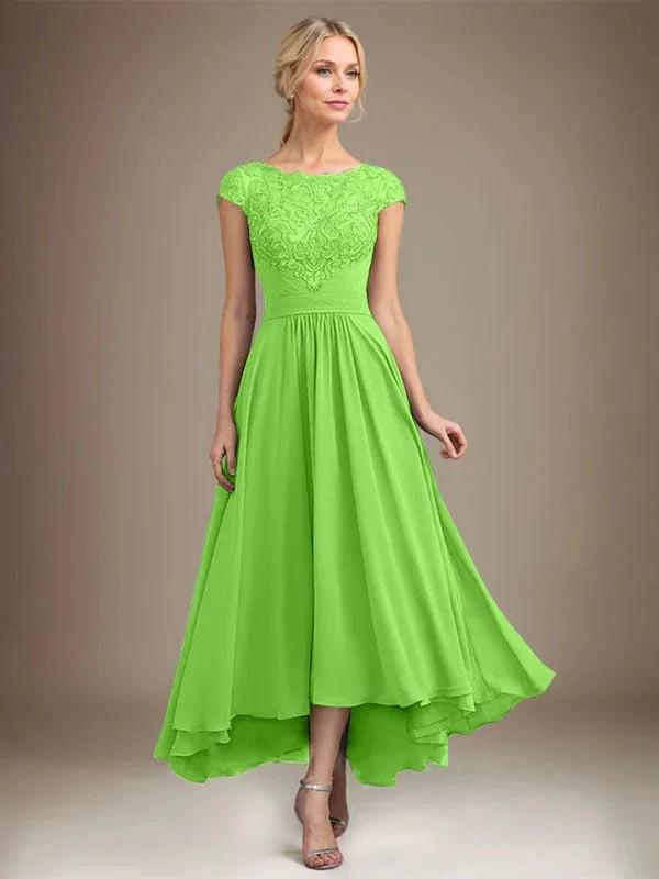 A-line Scoop Illusion Asymmetrical Lace Chiffon Mother of the Bride Dress With Pleated by Dreamylily