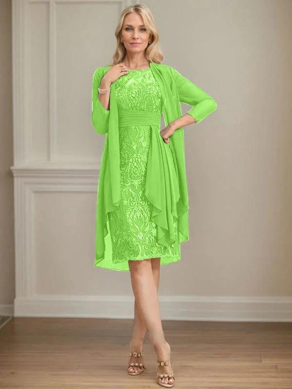 Sheath/Column Scoop Illusion Knee-Length Lace Chiffon Mother of the Bride Dress With Cascading Ruffles Sequins by Dreamylily