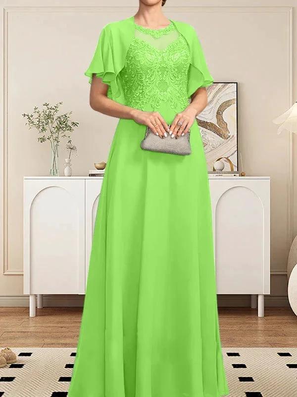 A-line Scoop Illusion Floor-Length Lace Chiffon Mother of the Bride Dress With Sequins by Dreamylily