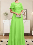A-line Scoop Illusion Floor-Length Lace Chiffon Mother of the Bride Dress With Sequins by Dreamylily