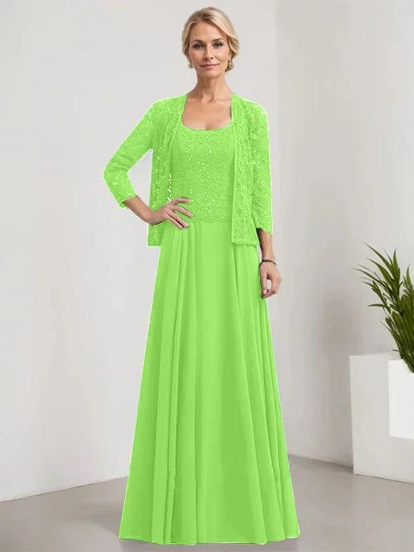 A-line Square Floor-Length Lace Chiffon Mother of the Bride Dress With Sequins by Dreamylily