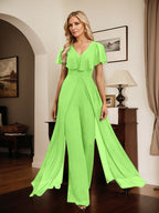 Jumpsuit/Pantsuit V-Neck Floor-Length Chiffon Evening Dress