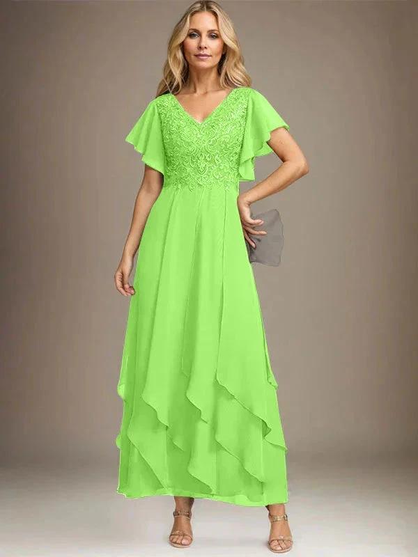 A-line V-Neck Ankle-Length Lace Chiffon Mother of the Bride Dress With Cascading Ruffles by Dreamylily