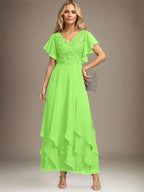 A-line V-Neck Ankle-Length Lace Chiffon Mother of the Bride Dress With Cascading Ruffles by Dreamylily