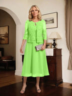 A-line Scoop Tea-Length Lace Chiffon Mother of the Bride Dress With Sequins by Dreamylily