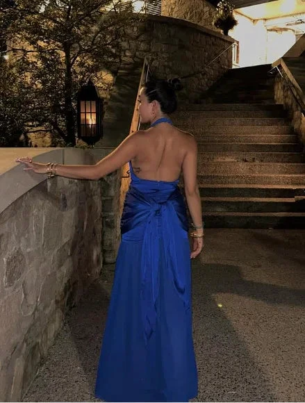 Blue Halter Slit Satin Evening Dress Formal Prom Dress Y7863 by simplepromdress
