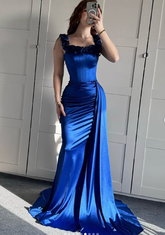 Vestido de noche azul de corte sirena con hombros descubiertos, vestido formal de fiesta Y7842