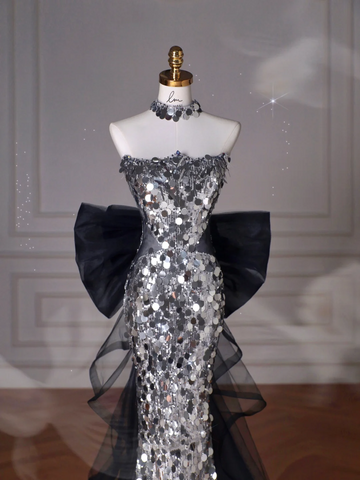 Black Glitter Sequins Tulle Mermaid Prom Dress Strapless Evening Dress With Bow Y8615
