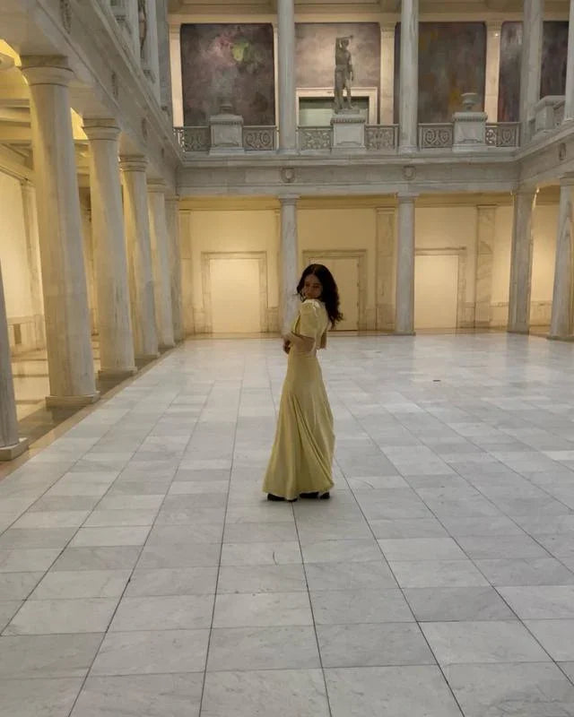 Cute Yellow Puff-Sleeve V-Neck Satin Mermaid Prom Dress Evening Dress Y8459 by simplepromdress