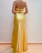 Elegant Yellow Halter Satin Beaded Prom Dress Slit Mermaid Party Evening Dress Y8426 by simplepromdress