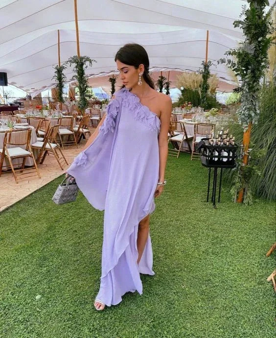 Woman in a lavender one-shoulder dress at an outdoor garden event, ZAPDRESS fashion