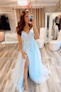 Blue tulle lace long prom dress A line evening dress Y244 by simplepromdress