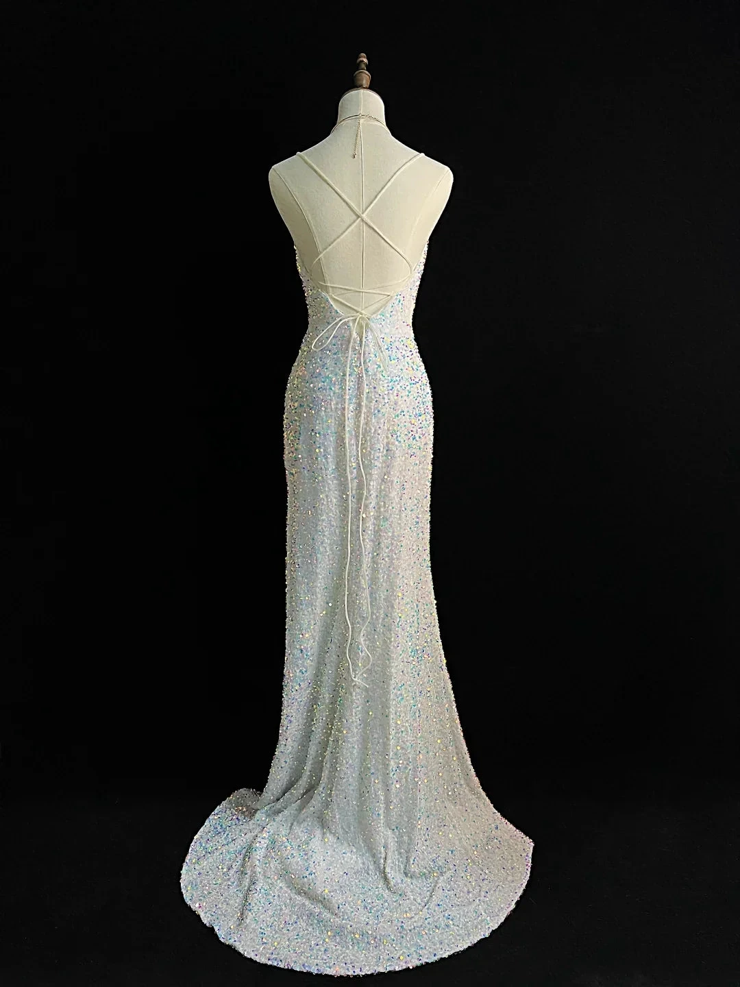 Sparkly White Spaghetti Straps Sequins Prom Dress Mermaid Slit Tassel Evening Dress Y8648 by simplepromdress