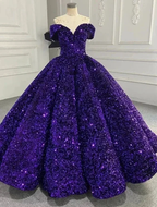 Sparkly Purple Off The Shoulder Sequins Ball Gown,Purple Sweet 16 Dress Y6583 by simplepromdress