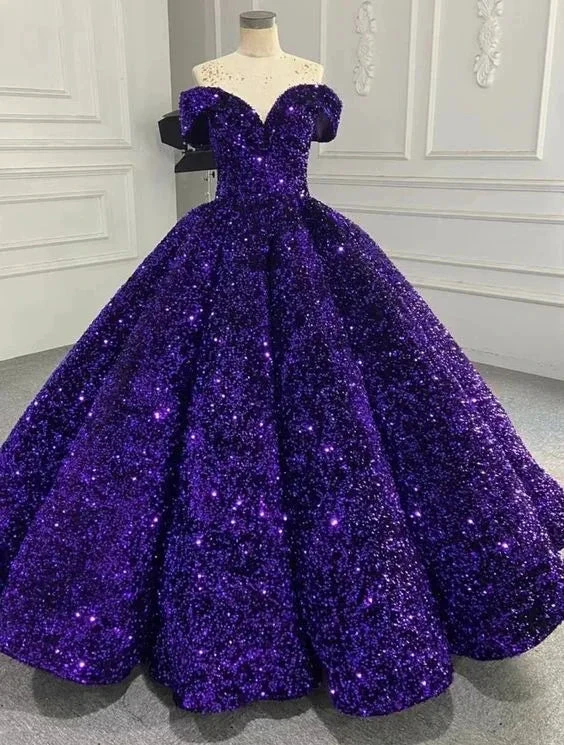 Sparkly Purple Off The Shoulder Sequins Ball Gown,Purple Sweet 16 Dress Y6583 by simplepromdress