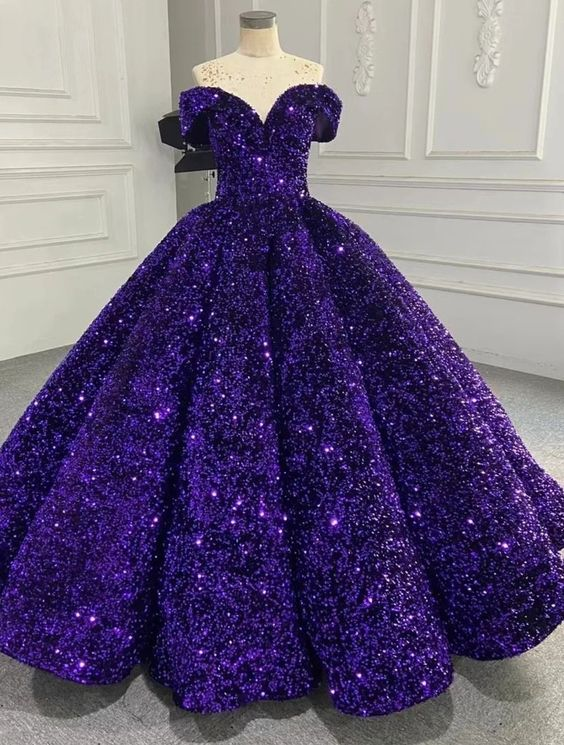 Sparkly Purple Off The Shoulder Sequins Ball Gown,Purple Sweet 16 Dress Y6583 Hover Image