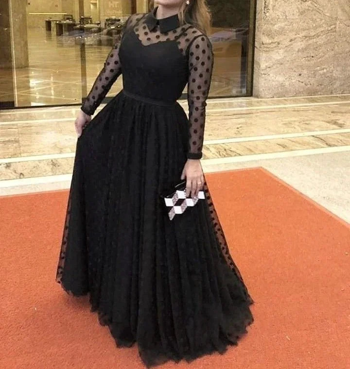 Black A-line Long Sleeves Prom Dress Black Evening Dress Y5691 by simplepromdress
