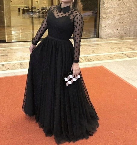 Black A-line Long Sleeves Prom Dress Black Evening Dress Y5691