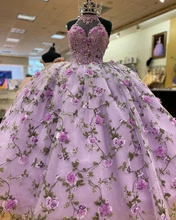 Luxurious Purple A-line Ball Gown With Flowers,Purple Sweet 16 Dress Y6598 by simplepromdress