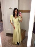 Cute Yellow Puff-Sleeve V-Neck Satin Mermaid Prom Dress Evening Dress Y8459 by simplepromdress
