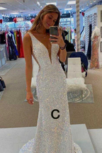 Sparkly Spaghetti Straps Mermaid White Sequin Prom Evening Dress Y8071 by simplepromdress