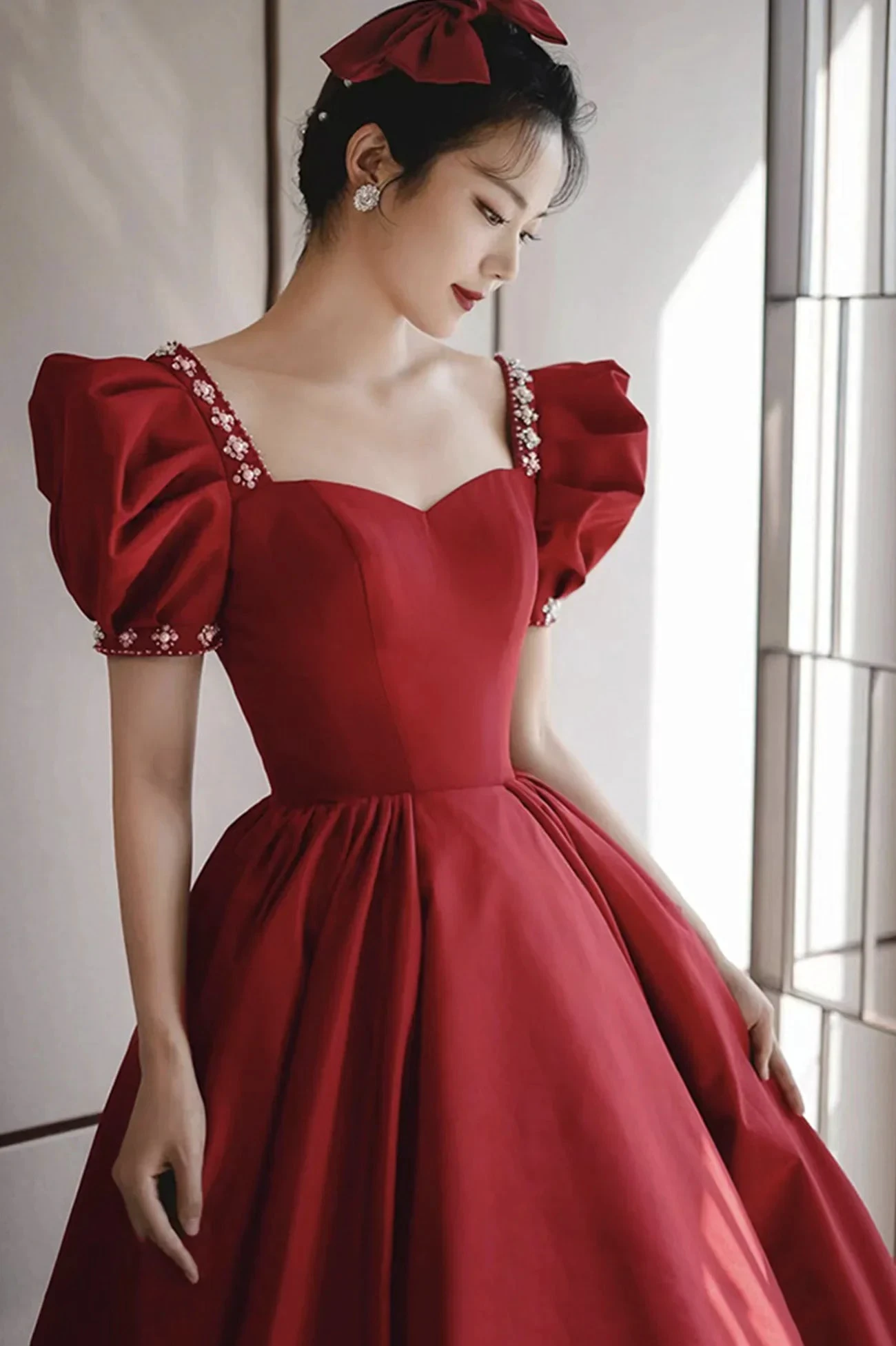 Burgundy satin long prom dress A line evening dress Y1169 by simplepromdress