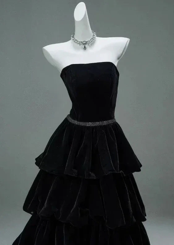 Elegant strapless black tiered evening dress on mannequin, ZAPDRESS fashion