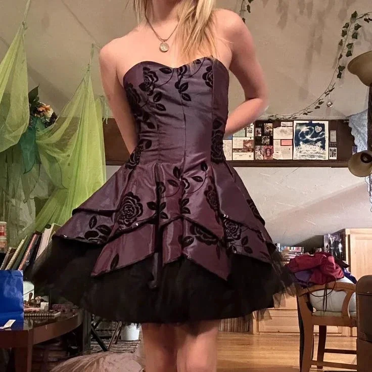 Vintage Strapless Satin Tulle Tiered Short Prom Dress Homecoming Dress Y8106 by simplepromdress