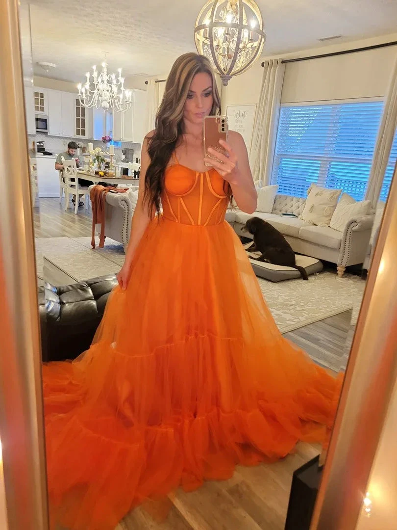 Spaghetti Straps Orange Tulle Evening Dress,Sexy Prom Gown Y1243 by simplepromdress