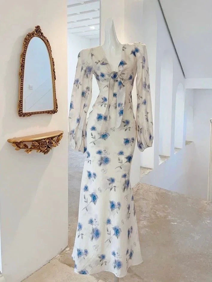 Elegant Ice Blue Rose Chiffon Print Floral Prom Dress Long Mermaid Evening Dress Y8407 by simplepromdress