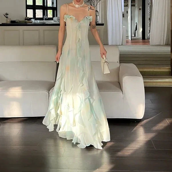 Beautiful Green Chiffon Layered Ruffle Prom Dress Straps Evening Gown Y7897 by simplepromdress